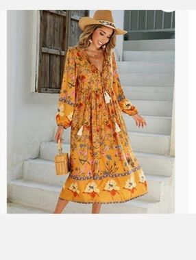 R. Vivimos Mustard Floral Boho Midi Dress - Long Sleeve